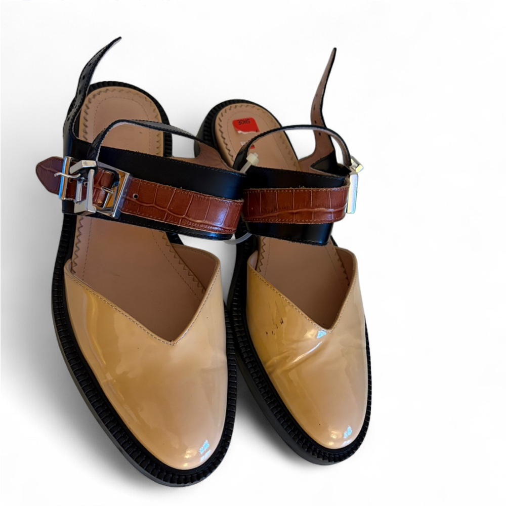 Inch2 Slingback Sandals Beige Brown Patent Leather Tan  Flats 7.5